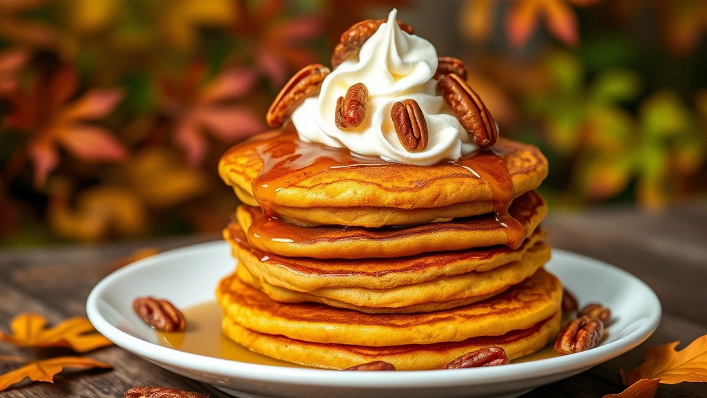 hero: stack of fluffy golden pumpkin pancakes topped with whipped cream, maple syrup drizzle, and candied pecans, served on a white plate with autumn foliage in background, photorealistic, natural morning light, no text