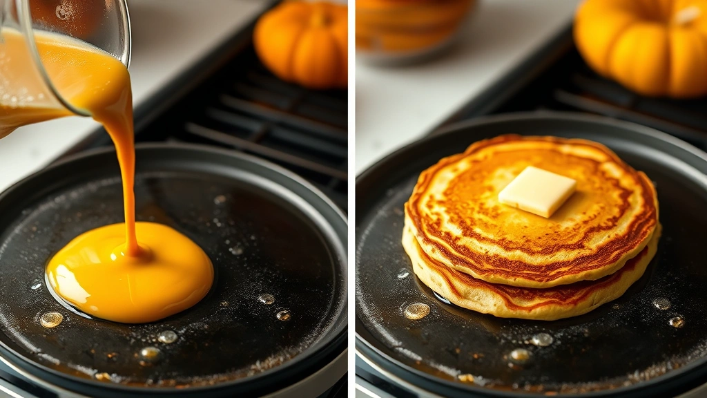 process: pouring pumpkin pancake batter onto hot buttered griddle, showing bubbles forming on surface, golden-brown pancake flipping, photorealistic, bright kitchen lighting, no text