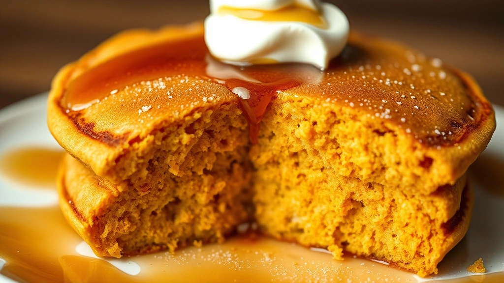 detail: close-up of single fluffy pumpkin pancake cross-section showing tender crumb, topped with dollop of whipped cream and maple syrup, photorealistic, natural diffused light, no text