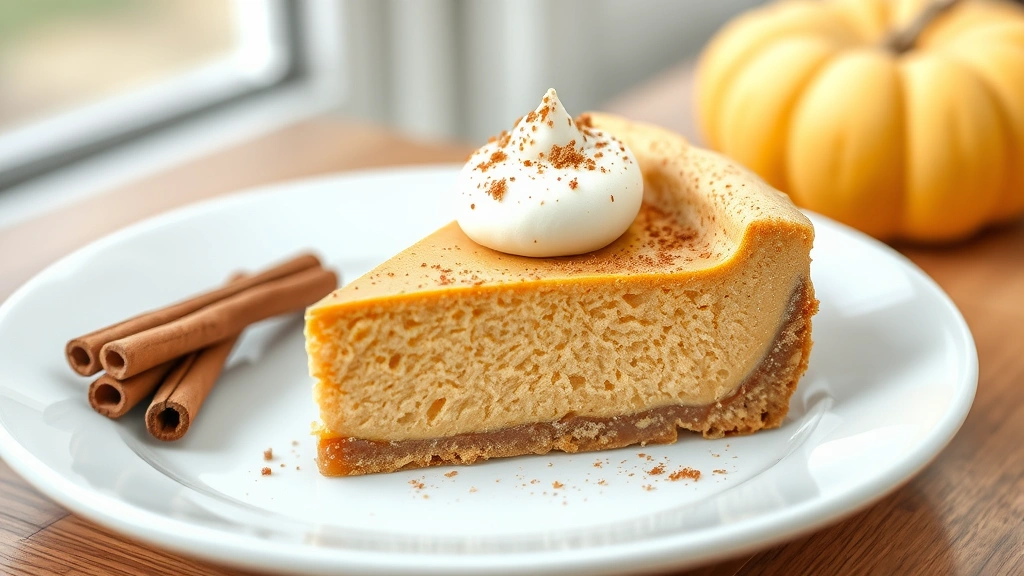 hero: slice of pumpkin pie cheesecake with sour cream topping and cinnamon garnish on white plate, photorealistic, natural window light, no text, professional food photography