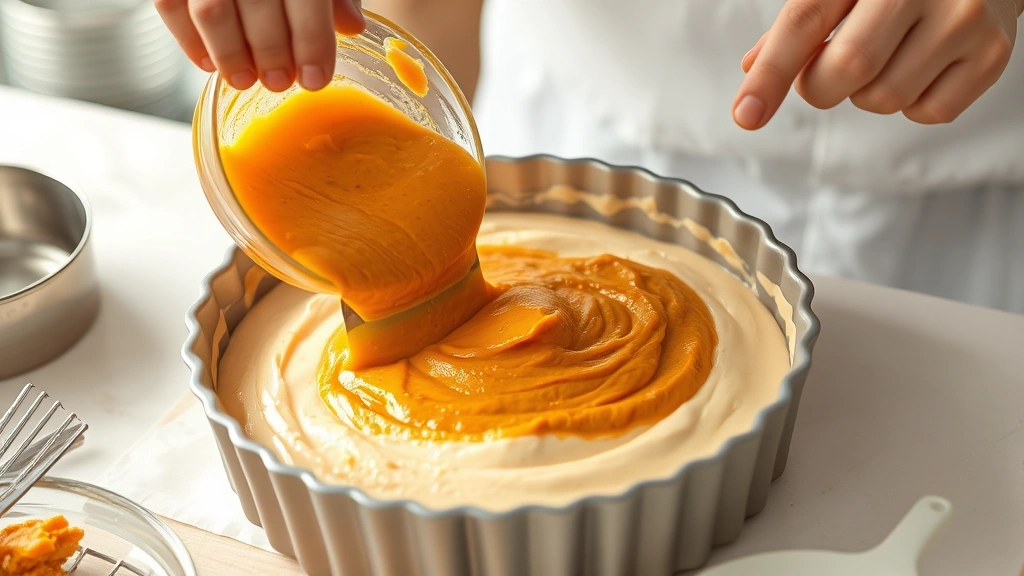 process: spreading pumpkin mixture into cream cheese batter in springform pan, hands visible with spatula, photorealistic, bright kitchen light, no text