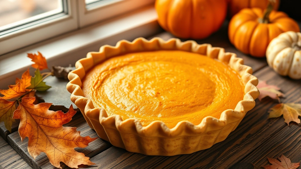 hero: golden-brown pumpkin pie with fluted crimped crust edge, freshly baked, sitting on a rustic wooden table with autumn leaves and pumpkins nearby, natural window light, warm tones, photorealistic, no text
