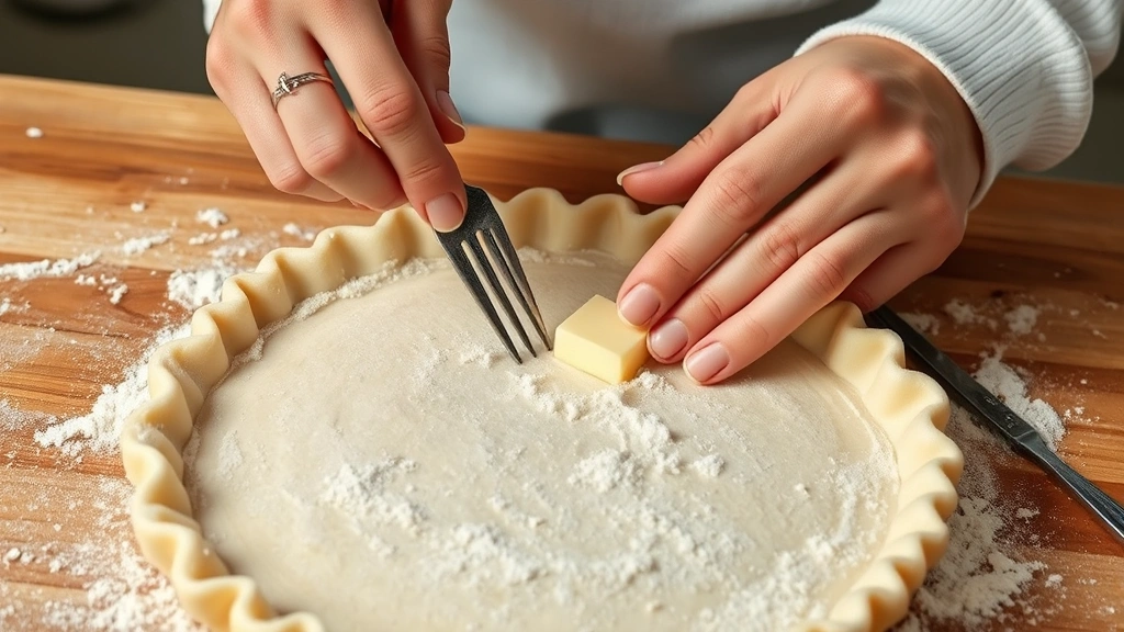 process: hands crimping pie crust edge with fork, showing texture and technique, flour dusting on surface, cold butter visible, natural kitchen lighting, photorealistic, no text