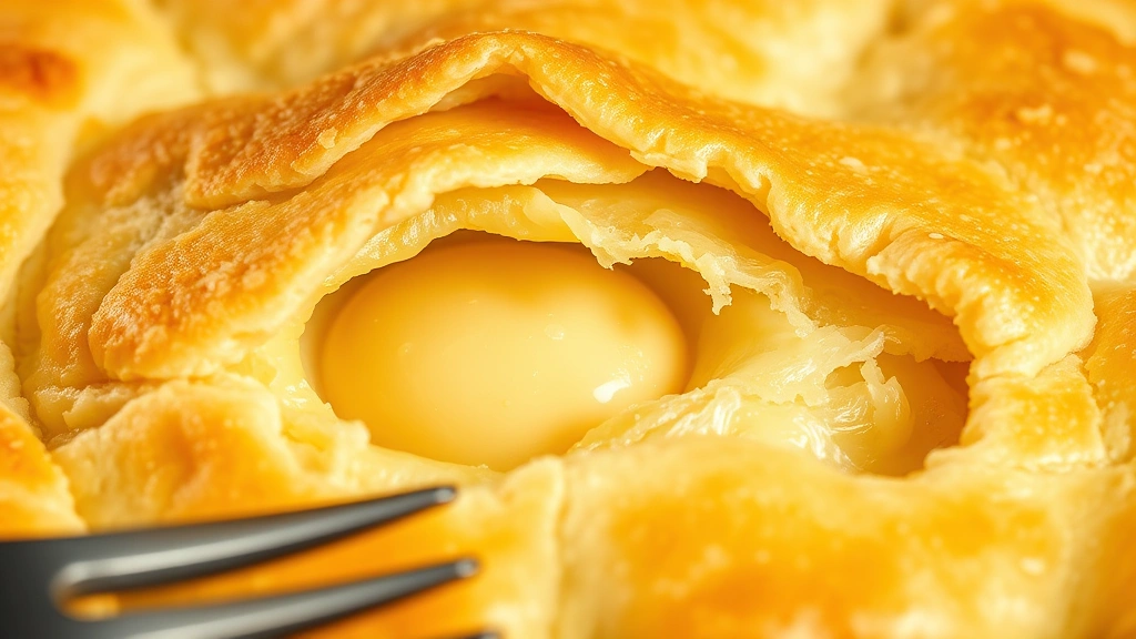 detail: close-up of flaky pie crust layers showing butter pockets and lamination, golden-brown color, fork for scale, macro photography style, natural light, photorealistic, no text