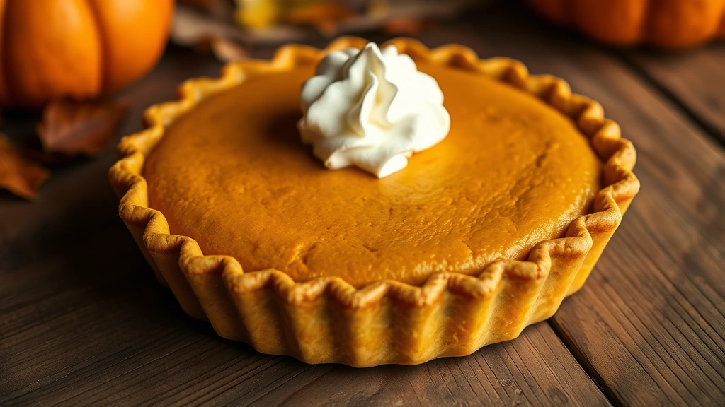 hero: Golden-brown pumpkin pie with crimped crust edges, fresh whipped cream dollop on top, warm autumn lighting, shallow depth of field, sitting on rustic wooden table