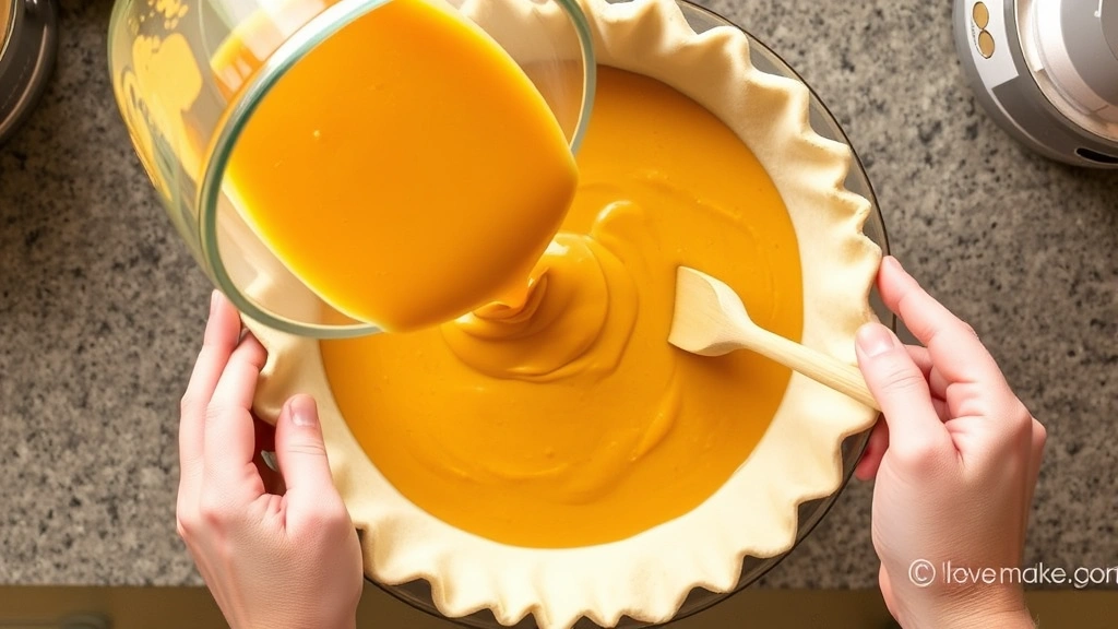 process: Pouring smooth pumpkin-condensed milk mixture into unbaked pie crust, hands visible with wooden spoon, bright kitchen lighting, overhead angle