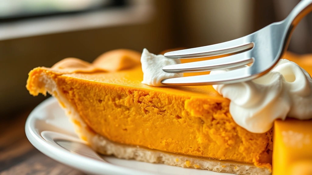 detail: Close-up cross-section slice of pumpkin pie showing creamy orange filling, whipped cream topping, fork about to take bite, natural window light, macro photography