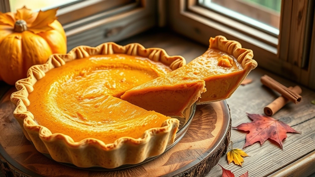 hero: golden-brown pumpkin pie with decorative crimped crust edges, slice partially removed showing creamy orange filling, whole pie on rustic wooden surface with fall leaves and cinnamon sticks scattered nearby, photorealistic, natural window light, no text