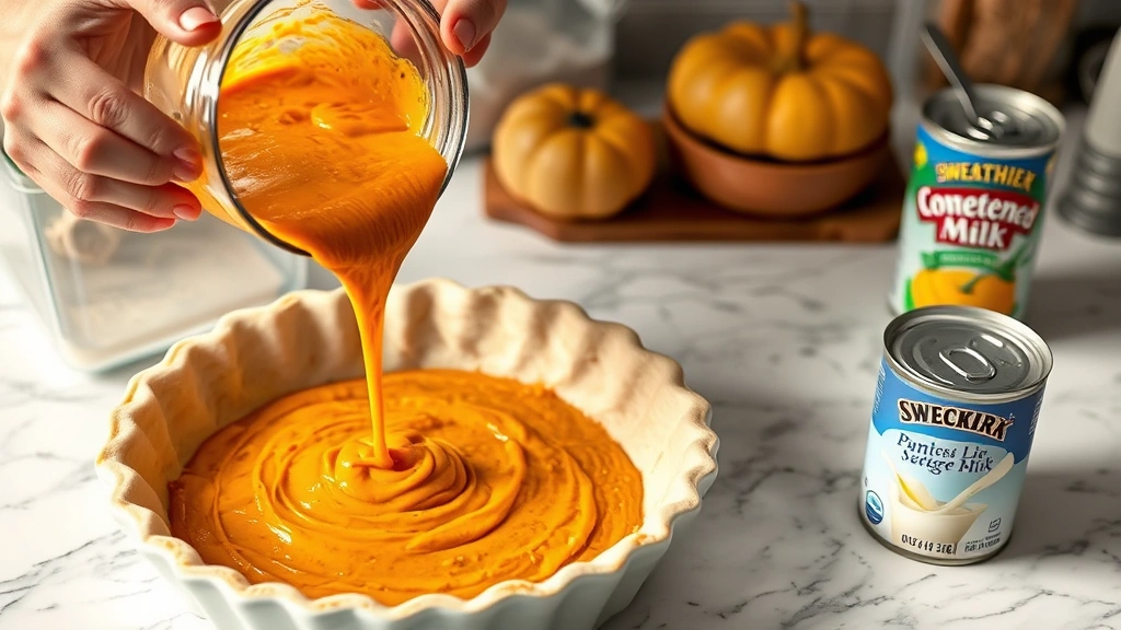 process: hands pouring smooth orange pumpkin filling from blender into unbaked pie crust in ceramic dish, sweetened condensed milk can visible nearby, ingredients arranged on marble countertop, photorealistic, bright natural light, no text