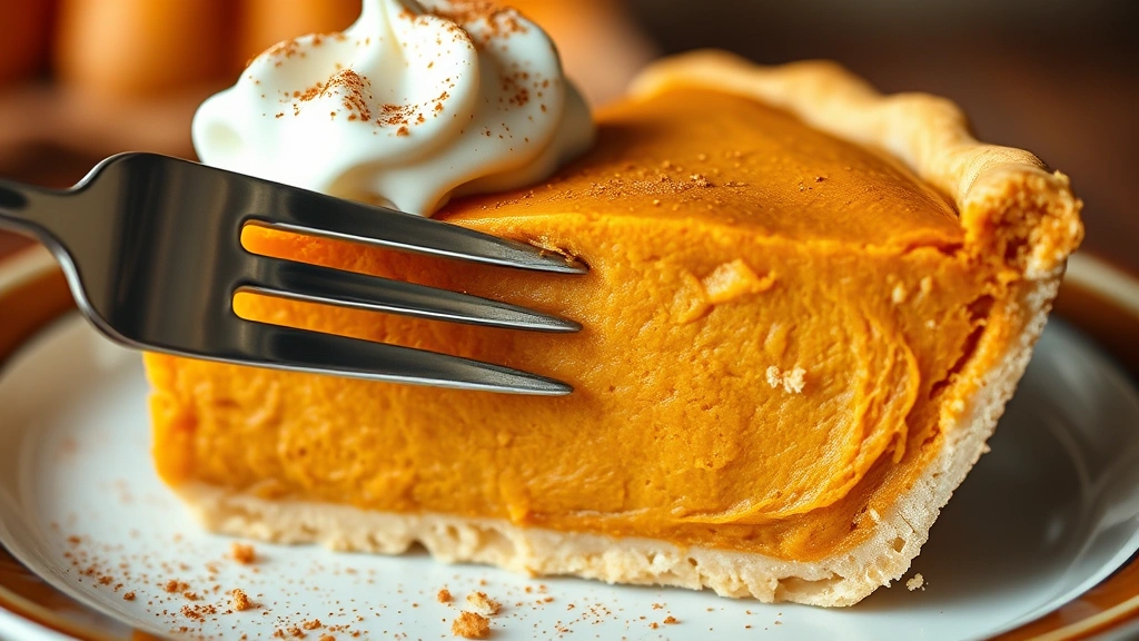 detail: close-up cross-section of baked pumpkin pie slice showing silky smooth filling texture, topped with whipped cream dollop and sprinkle of cinnamon, fork ready to take a bite, photorealistic, warm natural light, no text