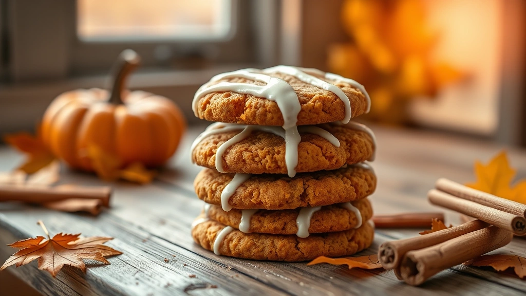 hero: stack of soft pumpkin spice cookies with white glaze drizzle on rustic wooden table, warm autumn lighting from window, shallow depth of field, professionally styled with fall leaves and cinnamon sticks nearby, photorealistic, no text or watermarks