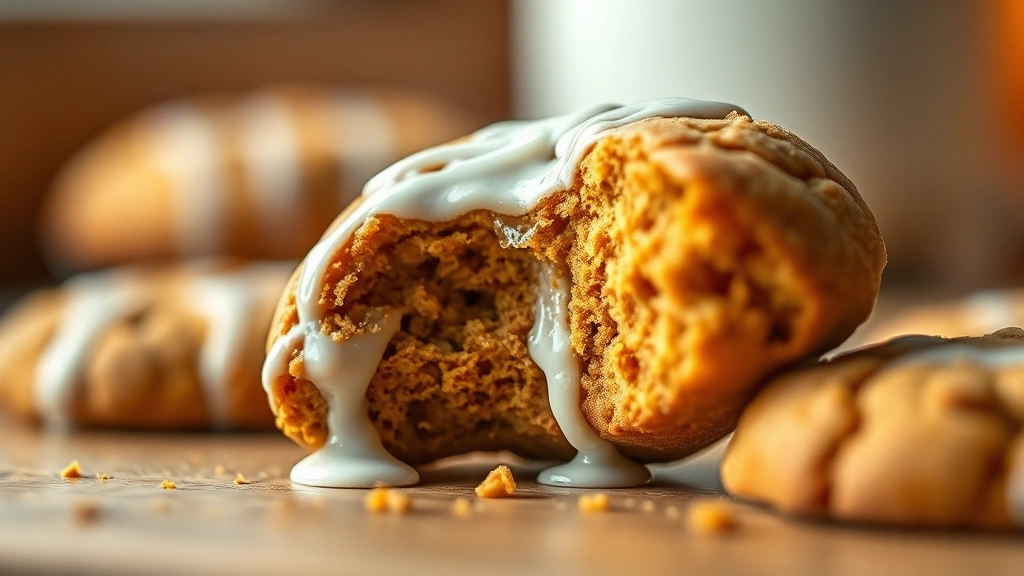 detail: close-up macro shot of single pumpkin spice cookie broken in half showing soft cake-like interior texture, white glaze dripping down side, warm natural window light, shallow depth of field, photorealistic, no text or watermarks