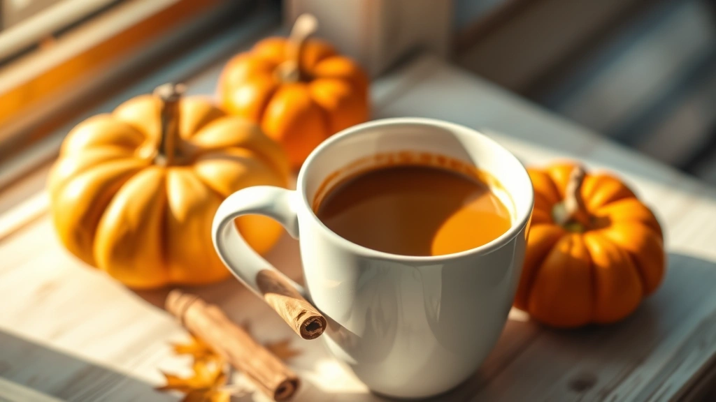 hero: pumpkin spice creamer in white coffee mug with coffee, warm autumn lighting, cinnamon stick and pumpkin nearby, photorealistic, natural window light, no text