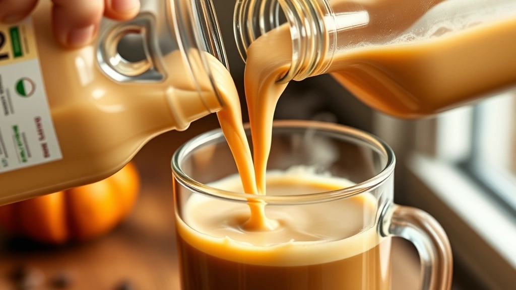 process: pouring creamy pumpkin spice creamer into steaming hot coffee from glass bottle, close-up action shot, photorealistic, warm natural lighting, no text