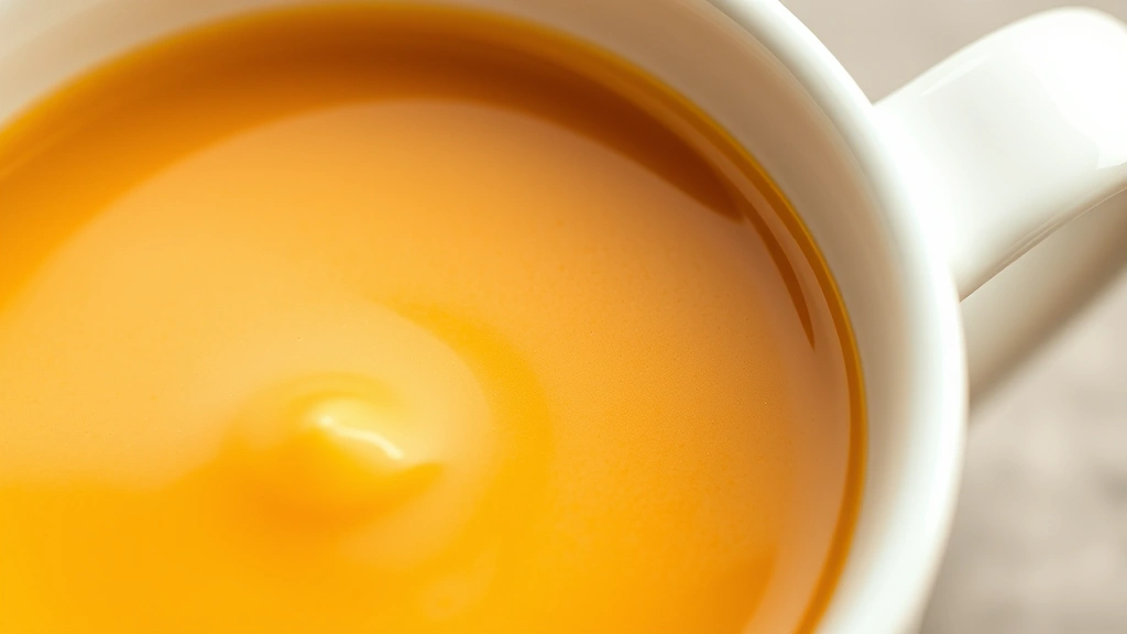 detail: close-up of pumpkin spice creamer showing peachy-orange color and creamy texture, liquid swirling in white ceramic cup, photorealistic, soft natural light, no text