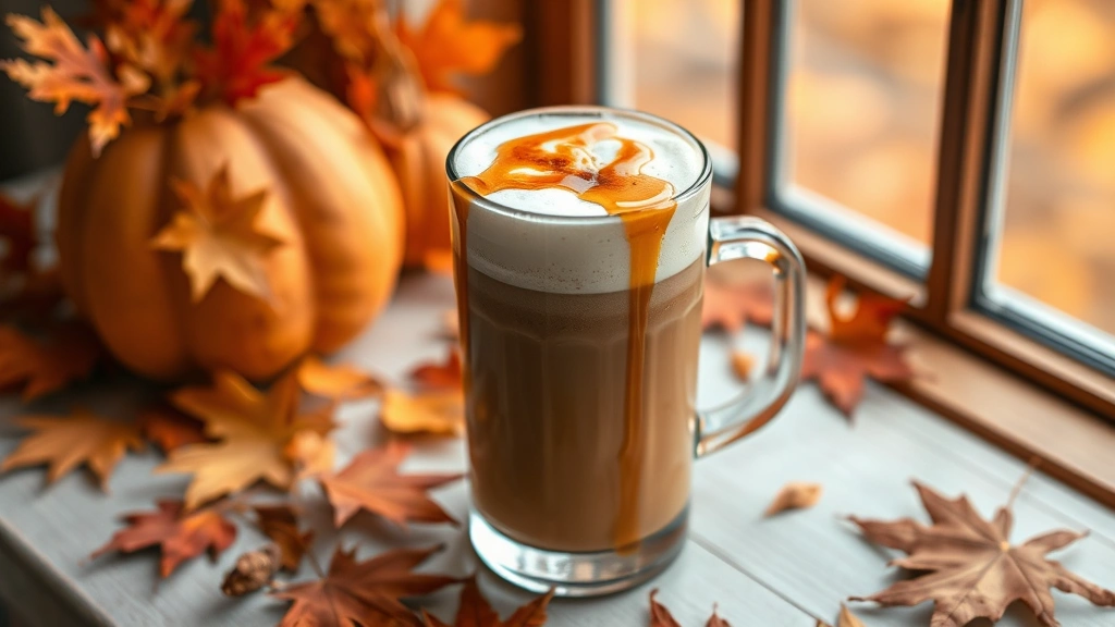 hero: tall glass of pumpkin spice latte with homemade pumpkin spice syrup drizzled on top, creamy foam, autumn leaves scattered around, warm natural window light, cozy fall aesthetic, no text or branding