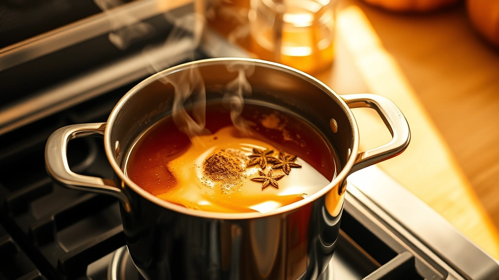 process: saucepan on stovetop with pumpkin spice syrup simmering, steam rising, spices being stirred in, warm golden lighting from kitchen window, close focus on the cooking action, no text