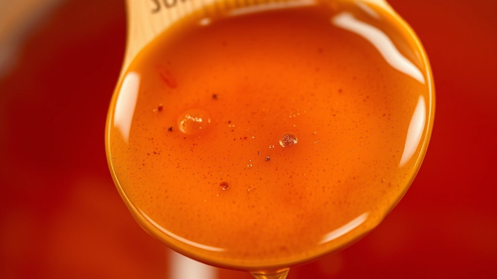 detail: close-up macro shot of thick pumpkin spice syrup coating the back of a wooden spoon, rich amber-orange color, spice flecks visible, natural daylight, shallow depth of field, no text