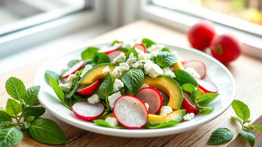 hero: vibrant fresh purslane salad with sliced avocado, radishes, crumbled feta, and mint leaves on white ceramic plate, Mediterranean style, natural daylight from window, shallow depth of field, appetizing and inviting