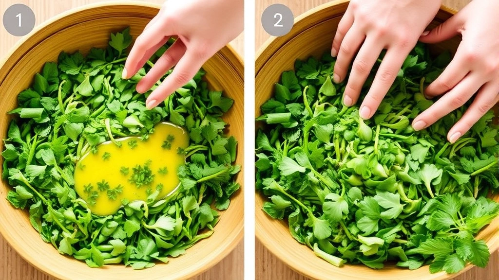 process: hands tossing purslane with lemon vinaigrette in a large wooden bowl, action shot showing dressing coating the delicate leaves, natural sunlight, fresh herb garnish visible