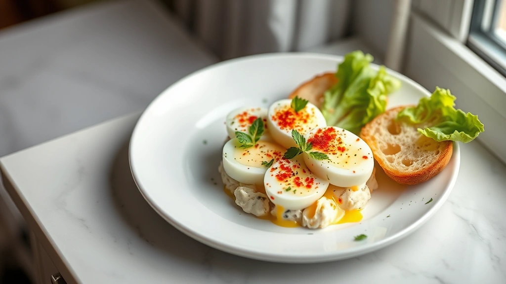 hero: elegant quail egg salad served on white plate with butter lettuce and crostini, garnished with fresh herbs and paprika, soft natural window light, shallow depth of field, top-down view, no text or watermarks