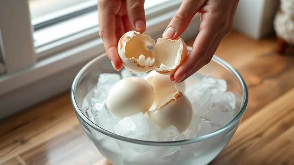 process: hands gently peeling cooled quail eggs over bowl of ice water, showing delicate shells cracking, natural daylight from window, close-up perspective, no text or watermarks
