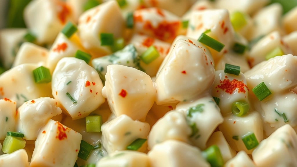 detail: creamy quail egg salad close-up showing diced eggs, fresh chives, and celery pieces in rich mayonnaise dressing, garnished with paprika and fresh tarragon, macro photography with soft focus background, no text or watermarks