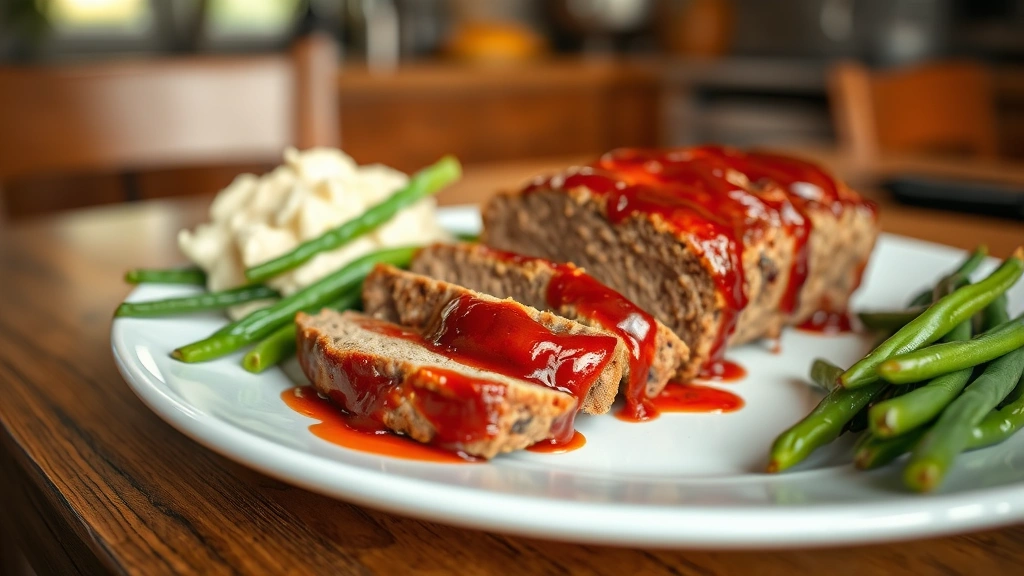 hero: perfectly sliced meatloaf on white plate with tomato glaze glistening, mashed potatoes and green beans on the side, warm kitchen lighting, shallow depth of field, rustic table setting
