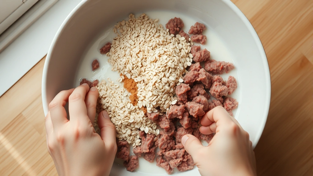 process: hands gently mixing ground meat with oats and milk in large white bowl, ingredients visible, natural window light, overhead shot showing texture