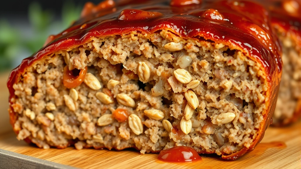 detail: close-up cross-section of sliced meatloaf showing tender interior with oat texture and juices, glossy caramelized glaze on top, shallow focus on the slice
