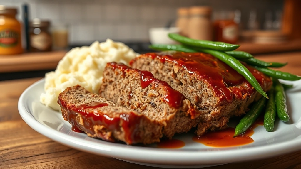 hero: sliced Quaker Oats meatloaf with caramelized glaze on white plate, creamy mashed potatoes and green beans on side, warm overhead lighting, rustic kitchen setting, no text