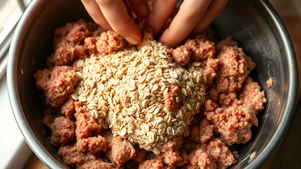 process: hands mixing raw meatloaf mixture in bowl with oats and ground meat visible, natural window light from left, close-up angle showing texture, no text