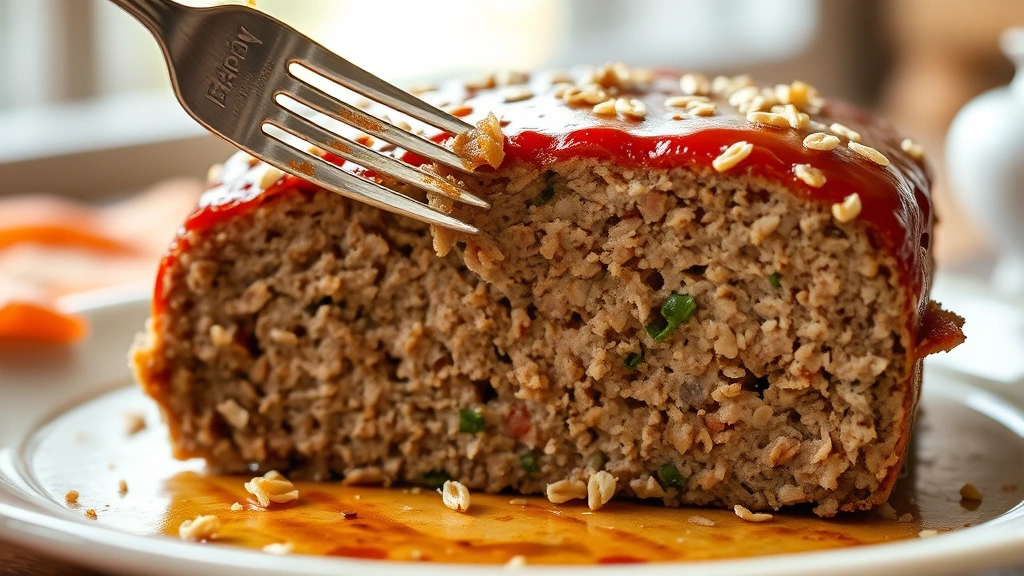 detail: cross-section of sliced meatloaf showing tender interior with oat texture, glossy glaze on top surface, fork lifting a piece, warm indoor lighting, no text