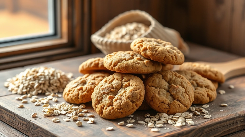 hero: golden brown oatmeal cookies arranged on a rustic wooden surface with Quaker oats visible nearby, photorealistic, warm natural window light streaming across, no text or watermarks