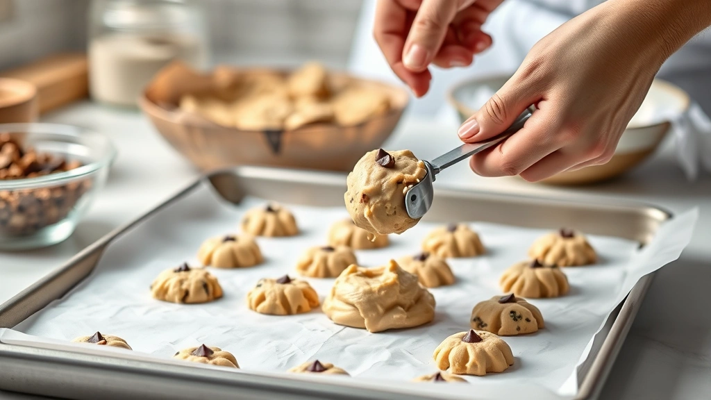 process: hands dropping cookie dough onto parchment-lined baking sheet with a cookie scoop, mixing bowl and ingredients visible in background, photorealistic, bright kitchen lighting, no text