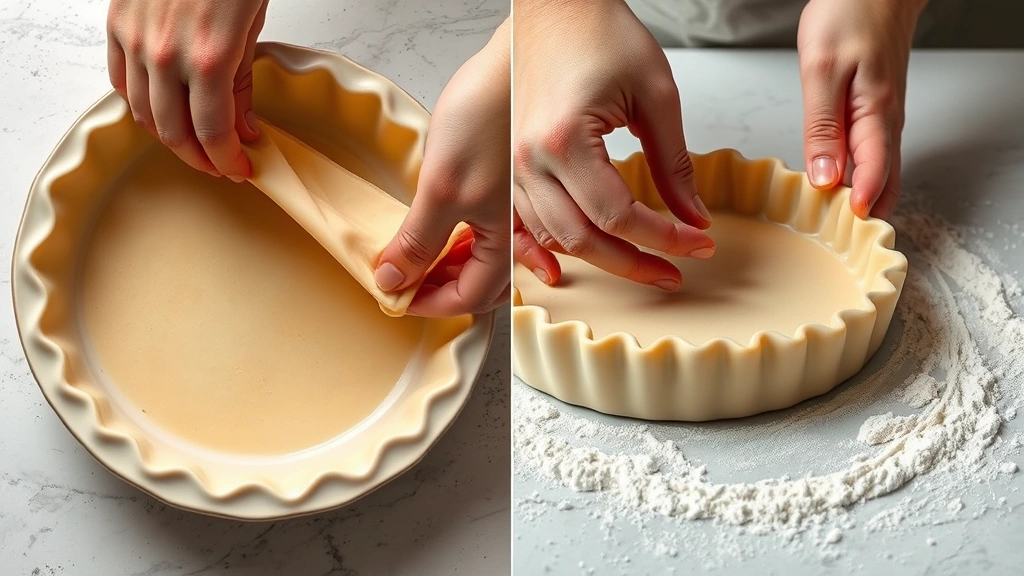 process: hands folding pie crust edges in ceramic dish, showing crimped border detail, flour dusted on counter, photorealistic, natural light, no text