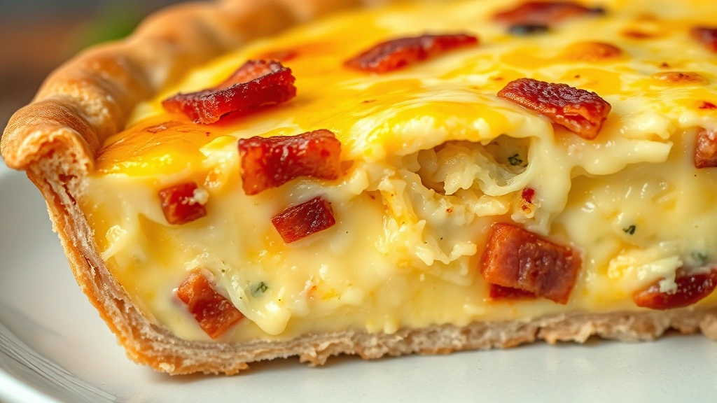 detail: close-up cross-section of quiche slice showing creamy custard, melted cheese, bacon pieces, and flaky crust layers, photorealistic, natural light, no text