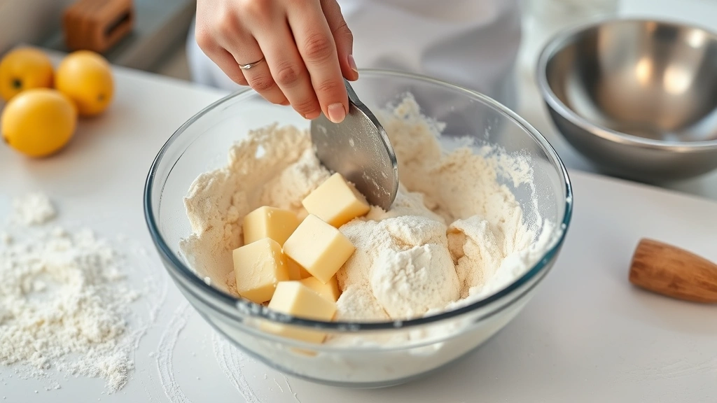 process: hands working cold butter into flour mixture with pastry cutter, photorealistic, bright kitchen countertop, close action shot, no text