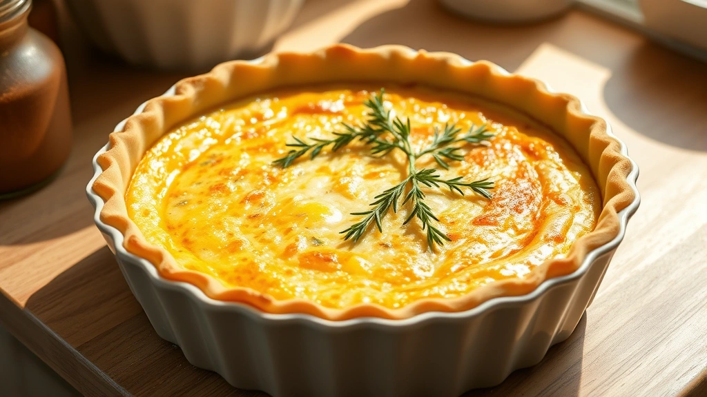 hero: golden-brown baked quiche crust in ceramic tart pan, perfectly crimped edges, fresh herbs garnish, sunlit kitchen counter, photorealistic, natural light, no text