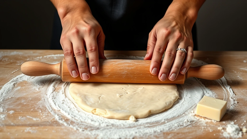 process: hands rolling out pale dough on floured surface with wooden rolling pin, cold butter visible, photorealistic, natural light, no text