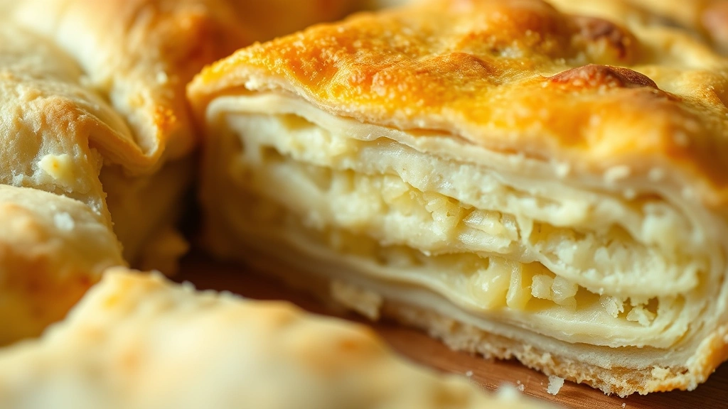 detail: close-up cross-section of quiche dough showing flaky layers, golden interior, pale exterior, shallow depth of field, photorealistic, natural light, no text