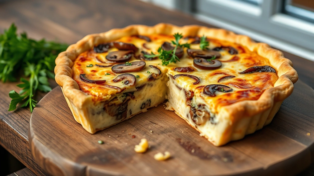 hero: golden baked vegetarian quiche Lorraine with caramelized onions and mushrooms, sliced to show creamy custard interior, placed on rustic wooden table with fresh herbs garnish, photorealistic, natural window light, no text, professional food photography