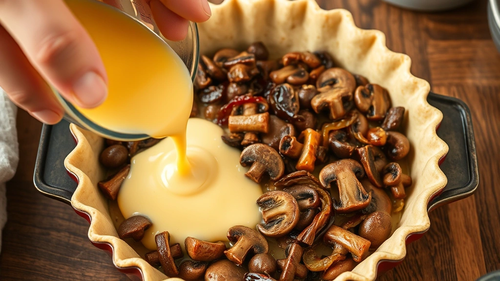 process: hand pouring silky egg custard mixture over sautéed mushrooms and caramelized onions in pie crust, photorealistic, warm natural kitchen light, close-up angle, no text