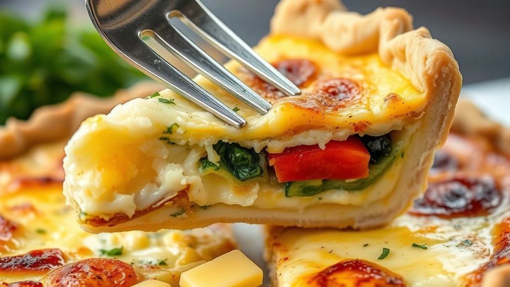 detail: close-up cross-section of quiche slice showing layers of custard, vegetables, cheese and crust, fork lifting piece, melted Gruyère visible, photorealistic, soft natural light, no text