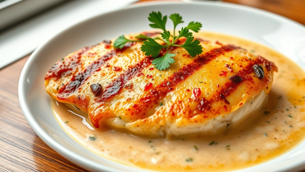 hero: perfectly seared golden chicken breast in creamy sauce with fresh parsley garnish on white plate, photorealistic, natural window light, no text