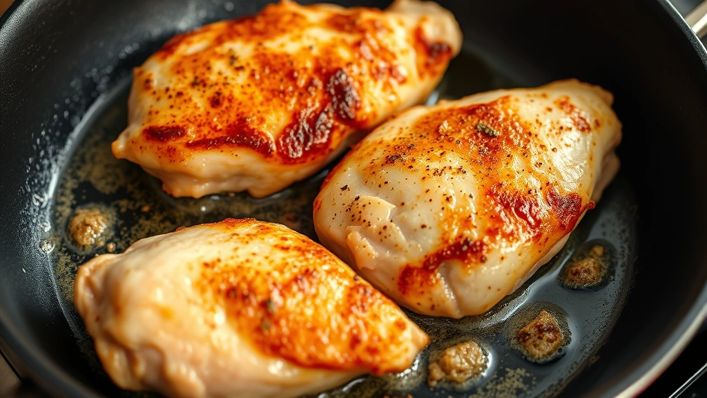 process: chicken sizzling in hot skillet with golden crust forming, photorealistic, close cooking angle, natural light, no text
