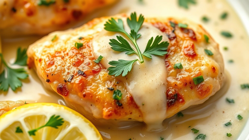 detail: close-up of creamy lemon sauce coating tender chicken with fresh parsley, photorealistic, macro photography, natural light, no text
