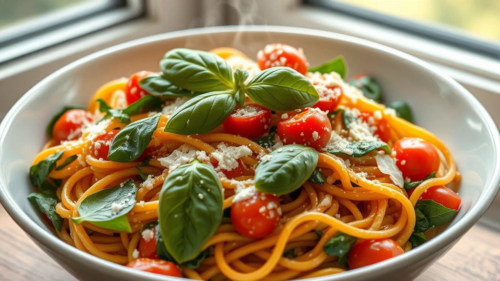 hero: vibrant spinach tomato pasta with fresh basil and Parmesan cheese in a white bowl, photorealistic, natural window light, steam rising, no text