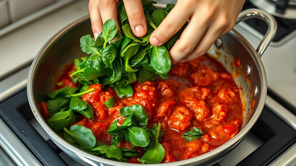 process: hands tossing wilted spinach into red tomato sauce in a stainless steel skillet, photorealistic, natural kitchen light, no text