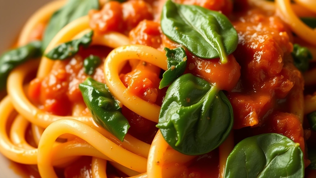 detail: close-up of coated pasta strands with creamy tomato sauce and bright green spinach pieces, photorealistic, warm natural light, no text